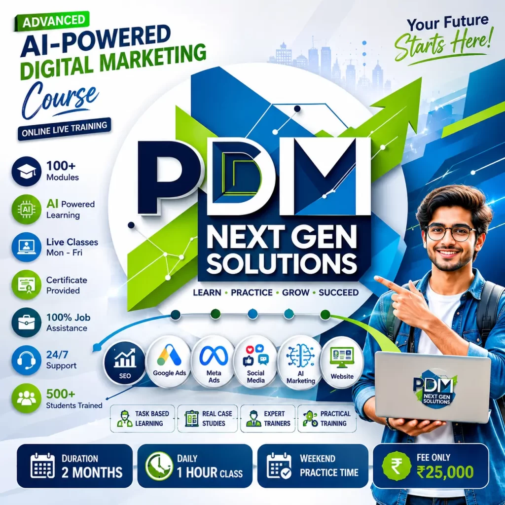 Best Advanced AI Powered Digital Marketing Course in India by PDM Nextgen Solutions LLP with AI Training, SEO, Google Ads, Meta Ads, Certificate and Job Assistance