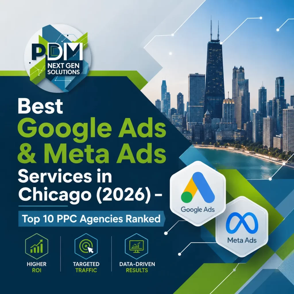 Featured image for “Best Google Ads & Meta Ads Services in Chicago (2026) – Top 10 PPC Agencies Ranked.” The design features the PDM Next Gen Solutions logo in the upper-left corner with a modern blue, green, and white color palette. A Chicago skyline background appears on the right side, overlaid with digital network graphics and geometric shapes. Large bold text highlights Google Ads and Meta Ads services, with a subtitle promoting the top 10 PPC agencies ranked for 2026. Google Ads and Meta Ads icons are displayed prominently, alongside marketing performance symbols representing higher ROI, targeted traffic, and data-driven results. The overall design has a professional, technology-focused, and modern digital marketing theme.