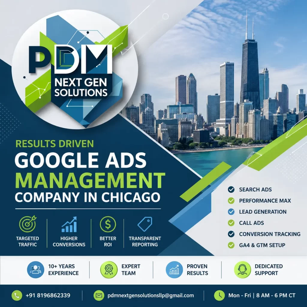 "PDM NextGen Solutions Google Ads Management Company Chicago feature image with company logo, Chicago skyline, PPC marketing services, GA4 conversion tracking, GTM setup, lead generation, search ads, and performance marketing solutions."