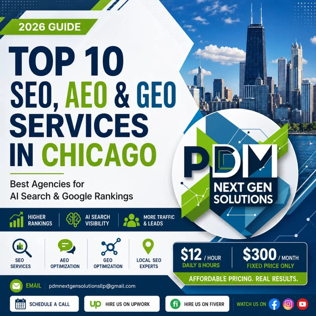 Top 10 SEO, AEO & GEO Services in Chicago 2026 featuring PDM NextGen Solutions logo, AI search optimization, local SEO, GEO optimization, and affordable digital marketing services for Chicago businesses.