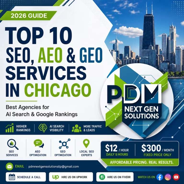 Top 10 SEO, AEO & GEO Services in Chicago 2026 featuring PDM NextGen Solutions logo, AI search optimization, local SEO, GEO optimization, and affordable digital marketing services for Chicago businesses.