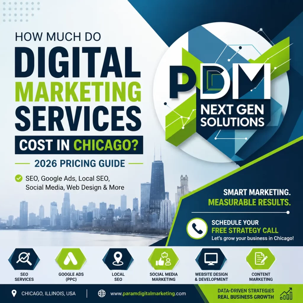 Digital marketing cost in Chicago 2026 pricing guide by Param Digital Marketing featuring SEO, Google Ads, Local SEO, social media marketing, and web design services.