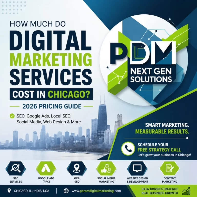 Digital marketing cost in Chicago 2026 pricing guide by Param Digital Marketing featuring SEO, Google Ads, Local SEO, social media marketing, and web design services.